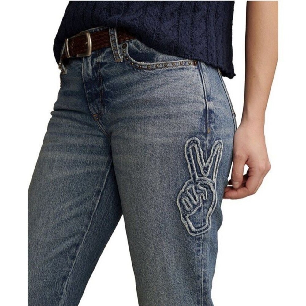 Lucky Brand Embroidered Bootcut Jeans 14 Mid Rise Y2K Retro Peace Sign Easy Ride